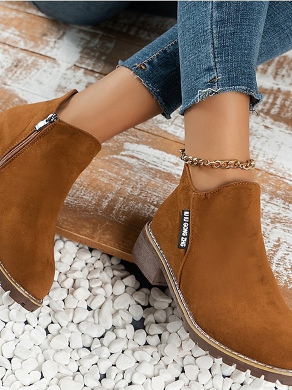 Women’s Suede Ankle Boots in Cognac Brown - Casual Zip Booties